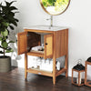 Bathroom vanity with ceramic sink, acacia wood, rattan doors, and slatted shelf for stylish storage in compact spaces.