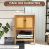 Bathroom vanity with ceramic sink, acacia wood, and rattan doors, ideal for indoor and outdoor use with ample storage.