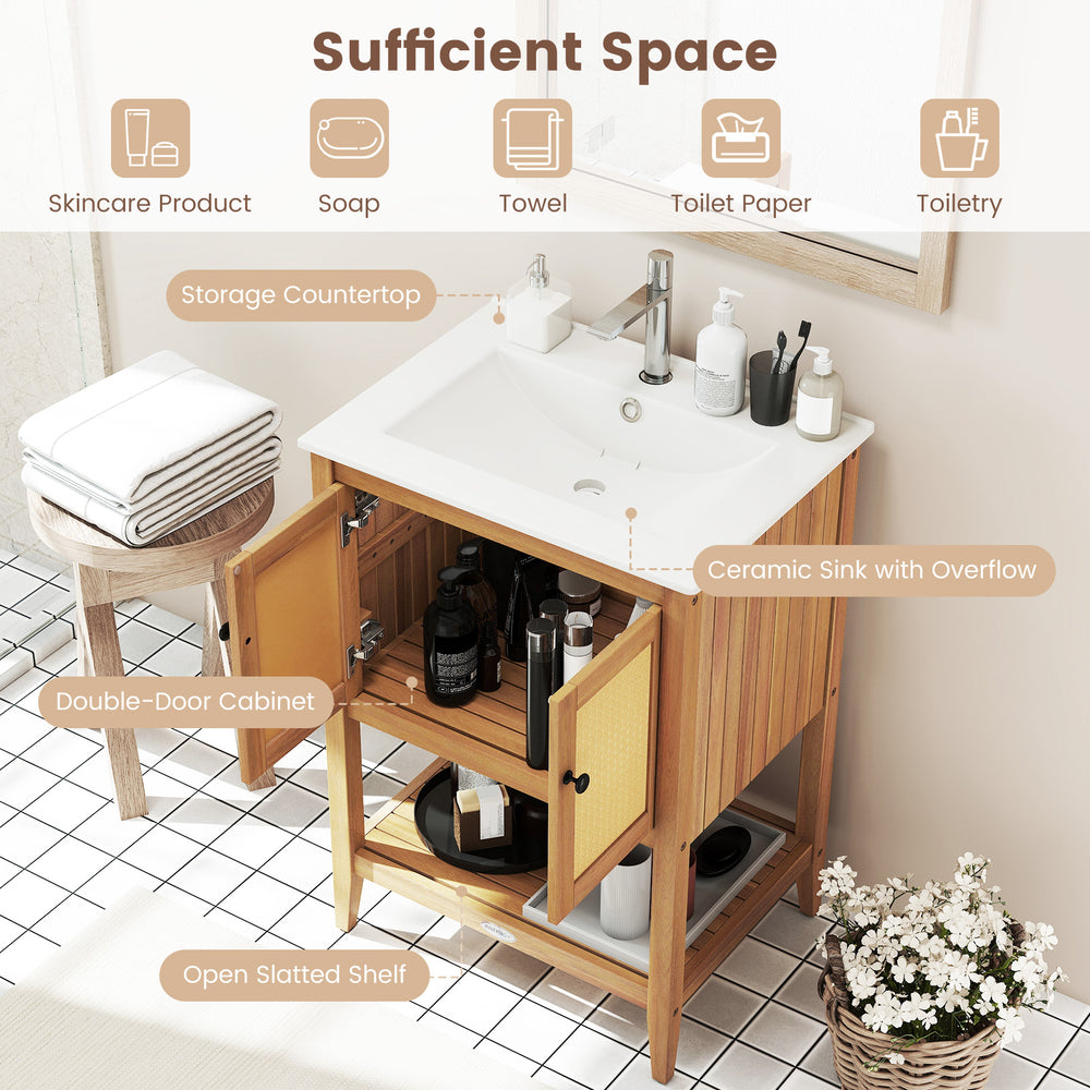 Bathroom vanity with ceramic sink, double-door cabinet, and slatted shelf, crafted from acacia wood for stylish storage.