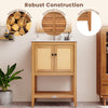 Bathroom vanity with ceramic sink, featuring two rattan doors, slatted shelf, and crafted from acacia wood for.