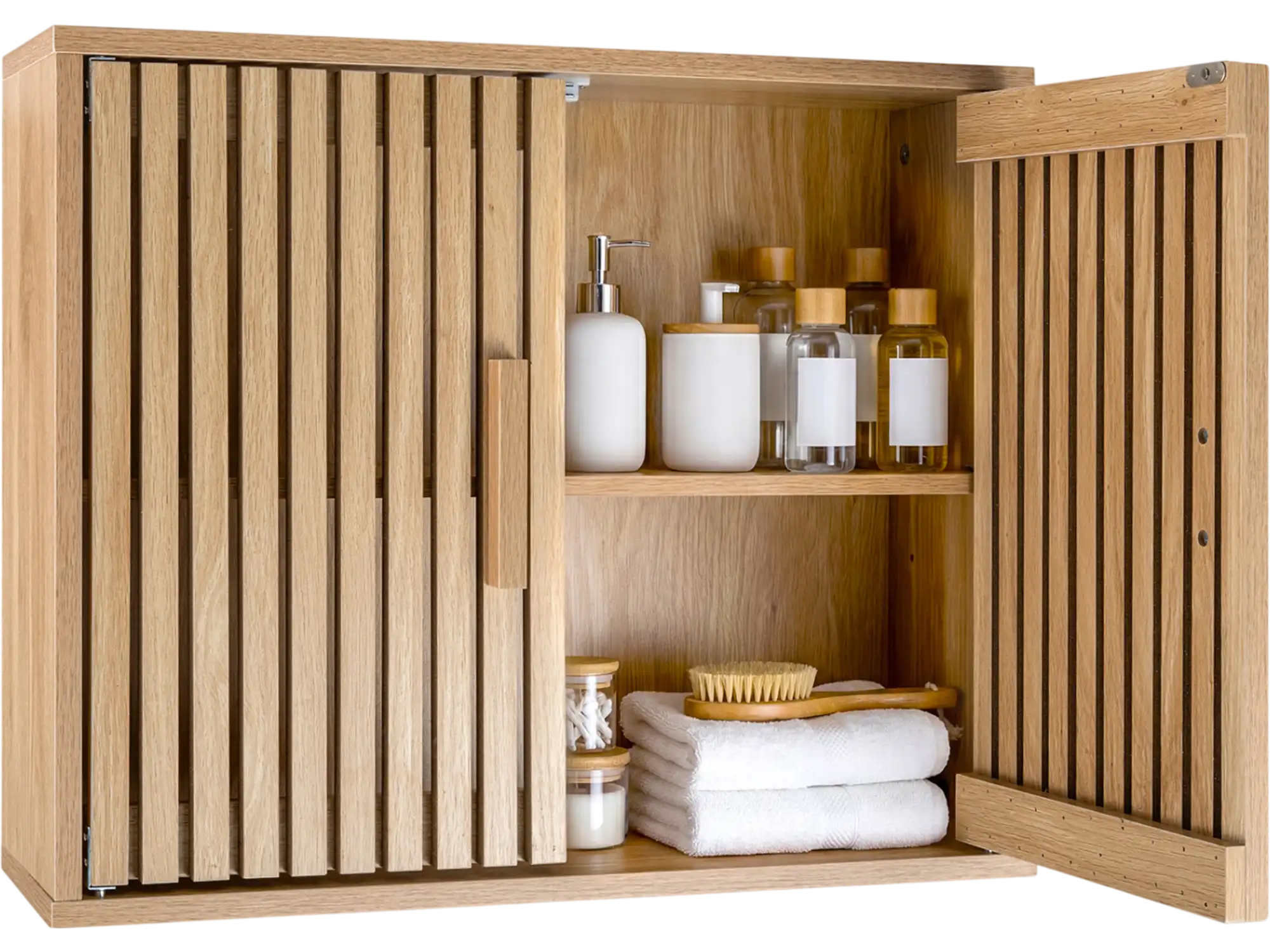 Costway Bathroom Wall Storage Cabinet 2 Slatted Doors 3-Level Adjustable Shelves 48537436 New
