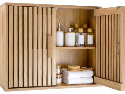 Costway Bathroom Wall Storage Cabinet 2 Slatted Doors 3-Level Adjustable Shelves 48537436 New