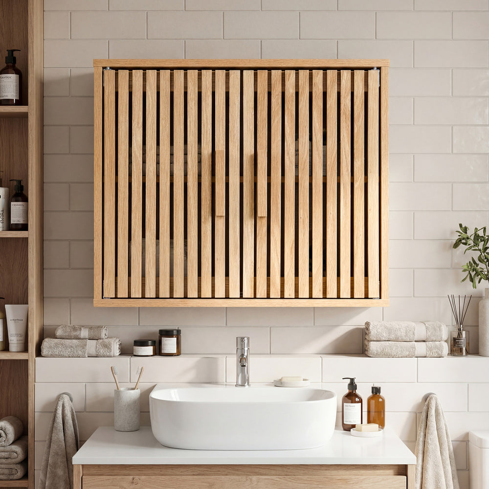 Natural wood bathroom wall cabinet showcasing slatted doors and neat pull handles, ideal for stylish and ventilated.