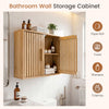 Bathroom wall cabinet with slatted doors and adjustable shelves for organized storage in any room.