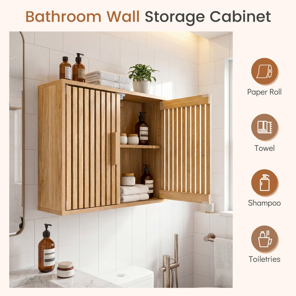 Bathroom wall cabinet with slatted doors and adjustable shelves for organized storage in any room.