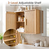 Bathroom wall cabinet with slatted doors and 3-level adjustable shelves for flexible storage in natural finish.