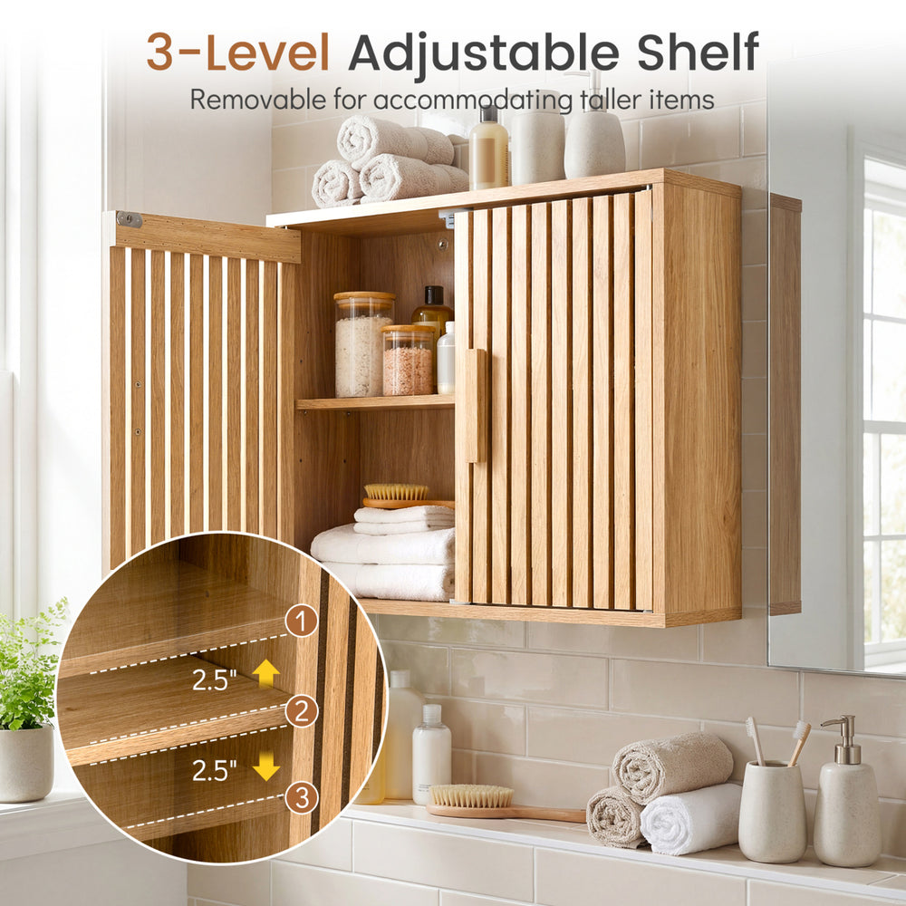 Bathroom wall cabinet with slatted doors and 3-level adjustable shelves for flexible storage in natural finish.