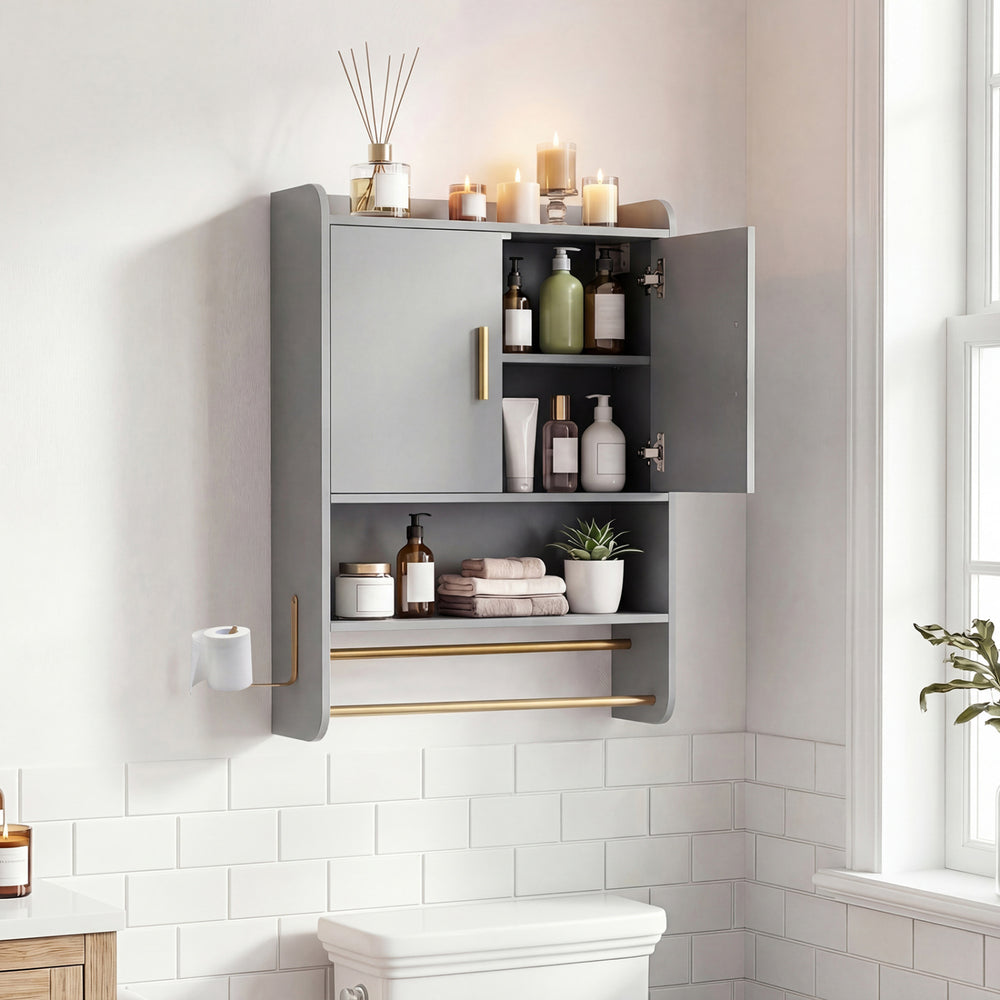 Wall-mounted grey bathroom cabinet with towel bars, featuring open shelves and closed storage for toiletries.