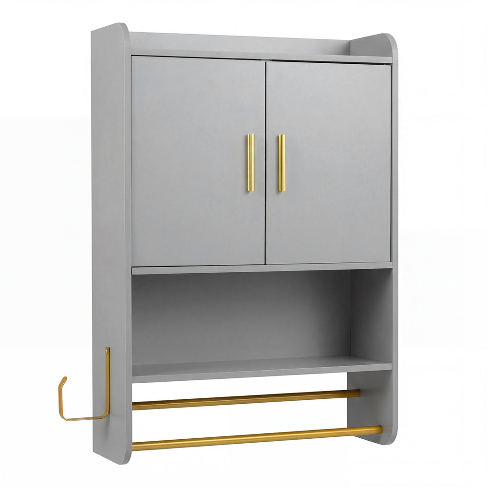 Wall-mounted grey bathroom cabinet with two doors and towel bars for organized storage and easy access.