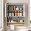Wall-mounted grey bathroom cabinet with open doors displaying jars, bowls, and towel bars for organized storage.