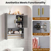 Grey wall-mounted bathroom cabinet featuring golden handles, soft-close hinges, and towel bars for stylish storage.