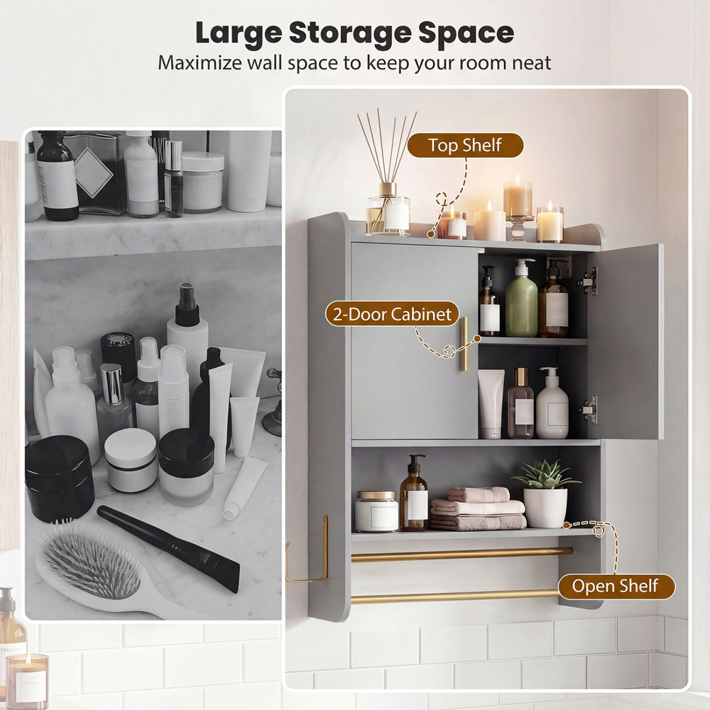 Bathroom wall cabinet in grey featuring a two-door cabinet, open shelf, and towel bars for organized storage.