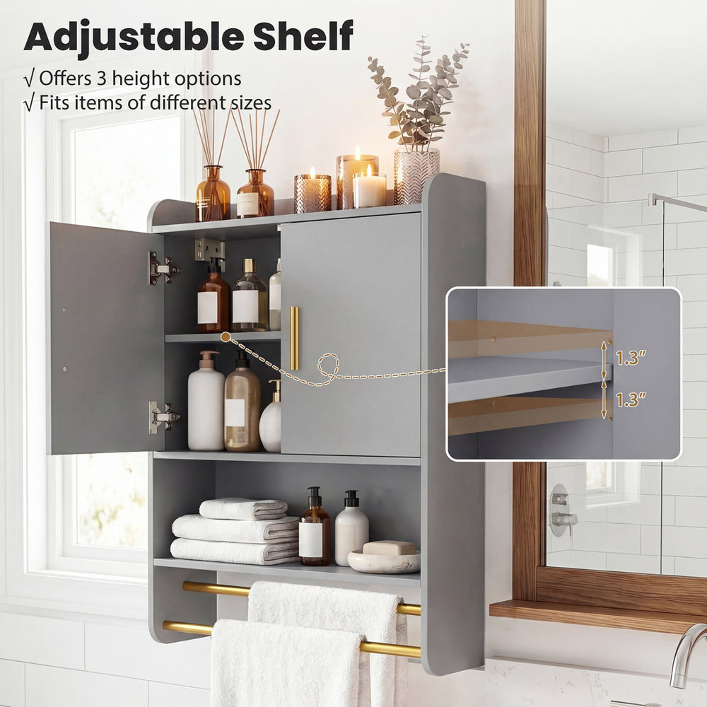 Wall-mounted grey bathroom cabinet with adjustable shelves and towel bars, perfect for organizing toiletries and towels.