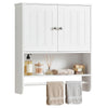 Close-up of the sleek metal knobs and magnetic catch on a white bathroom wall cabinet with adjustable shelf and towel.