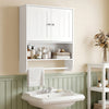 Bathroom wall cabinet in white with adjustable shelf, towel bar, and open storage for toiletries and towels.