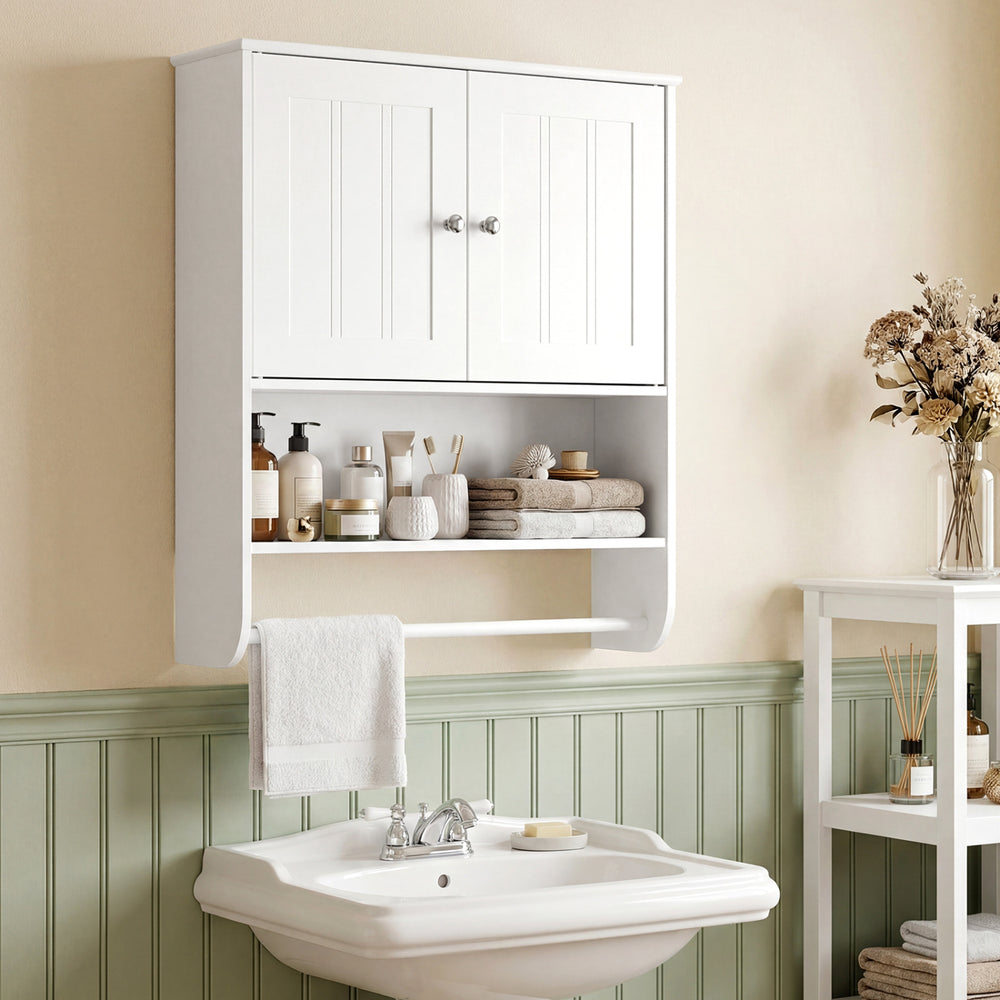 Bathroom wall cabinet in white with adjustable shelf, towel bar, and open storage for toiletries and towels.