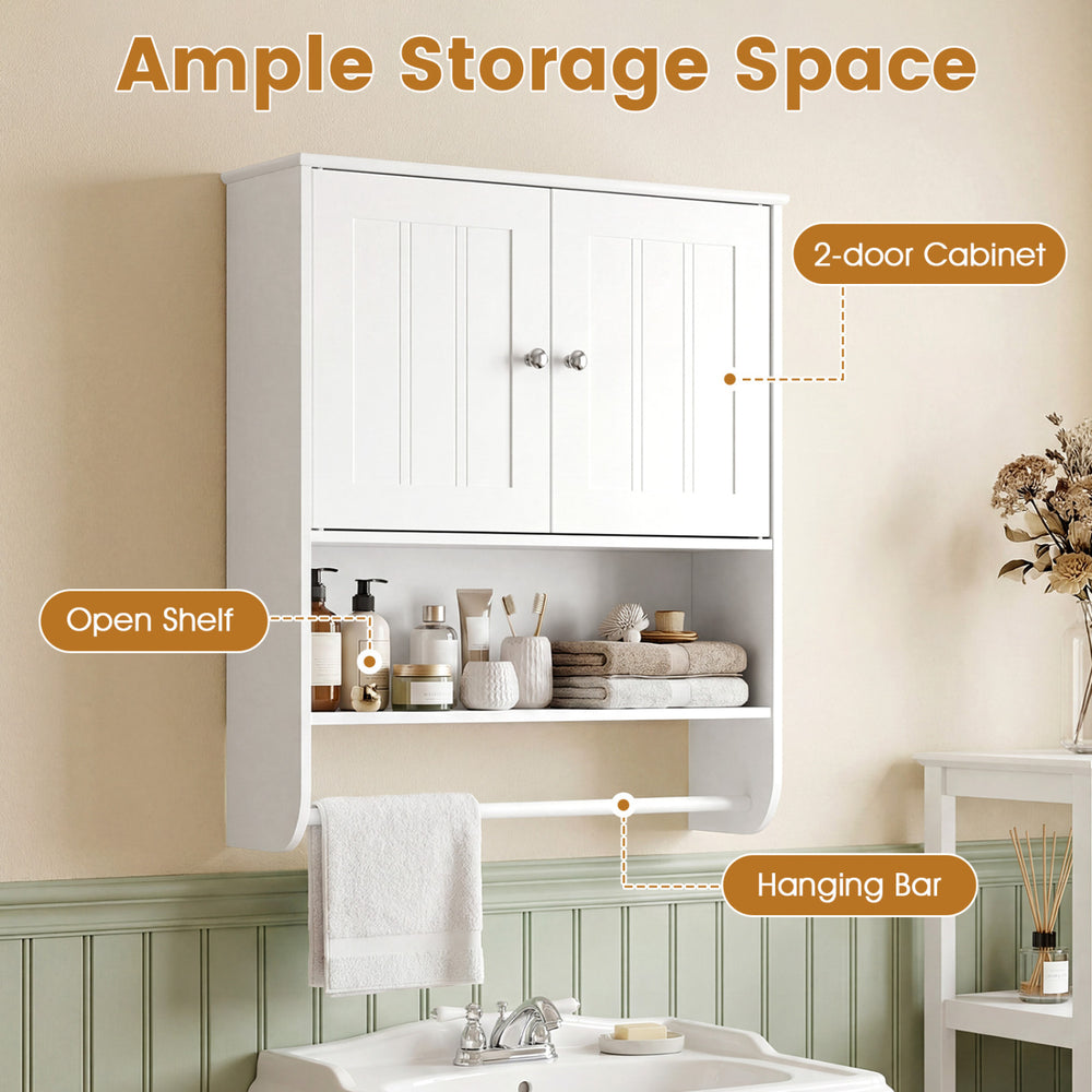 Bathroom wall cabinet in white with 2-door storage, open shelf, and towel bar for versatile home organization.