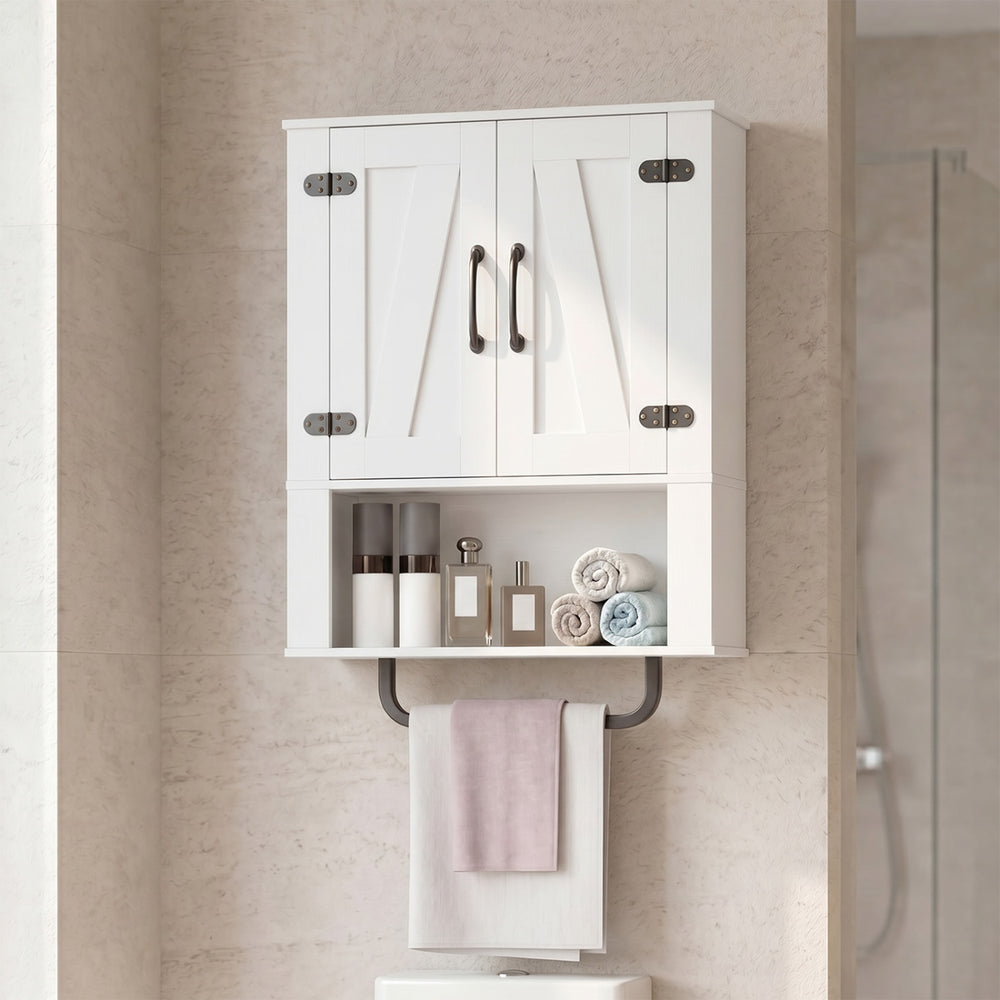 Bathroom wall cabinet in white with barn doors, towel bar, and 3-tier storage for toiletries and decor.