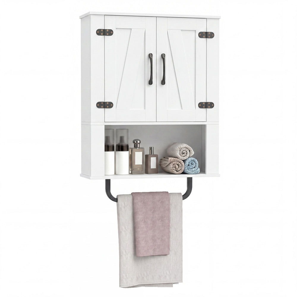 Bathroom wall cabinet with 2 barn doors, towel bar, and 3-tier storage for toiletries and decor in white finish.