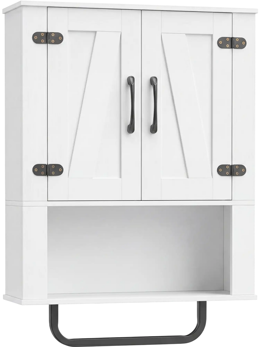 White bathroom wall cabinet with 2 barn doors, towel bar, and 3-tier storage for toiletries and decorations.