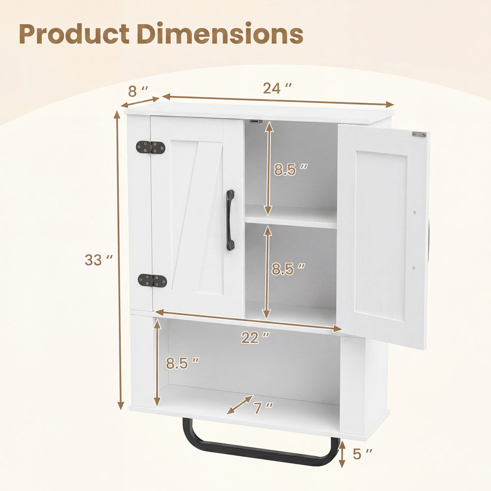 Dimensions of the white bathroom wall cabinet with barn doors, featuring shelves and a towel bar for organized storage.