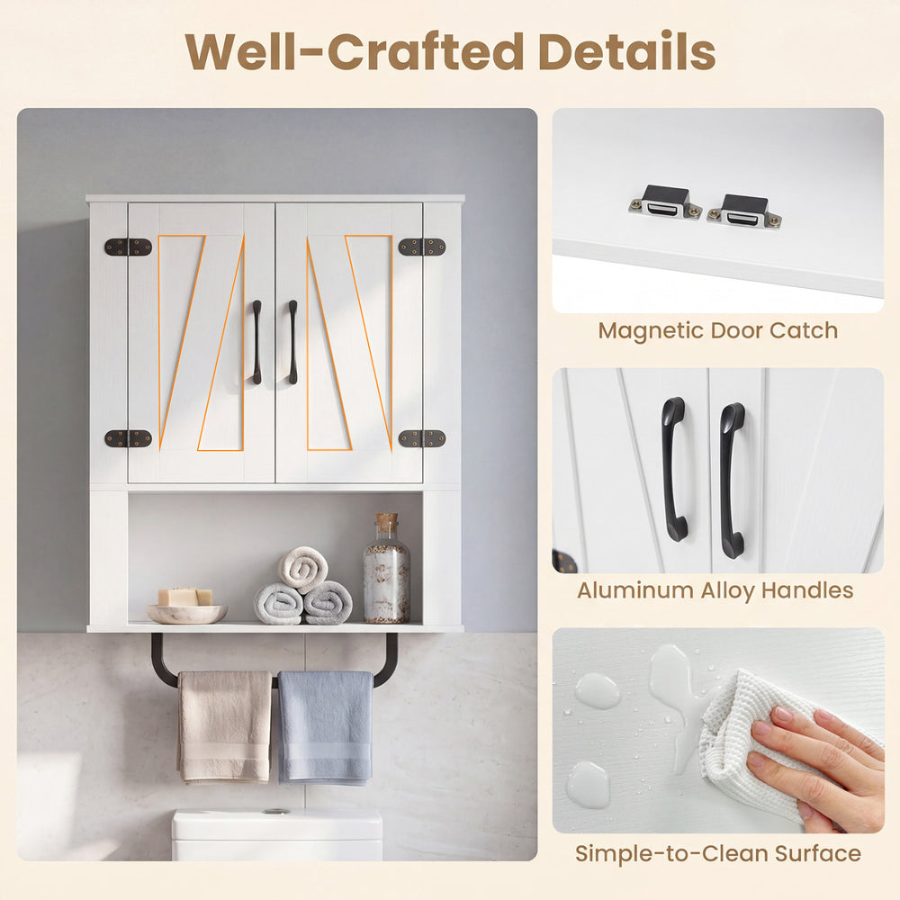Bathroom wall cabinet with barn doors, aluminum alloy handles, and towel bar, featuring an easy-to-clean surface.