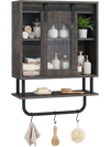 Bathroom wall cabinet with sliding barn door, black wood finish, 3-tier storage, and metal hanging bar with hooks.
