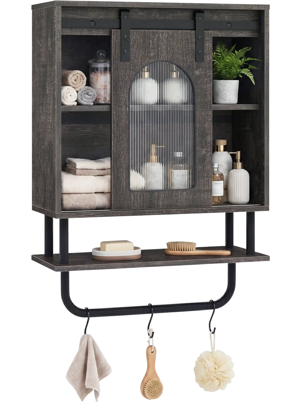 Bathroom wall cabinet with sliding barn door, black wood finish, 3-tier storage, and metal hanging bar with hooks.