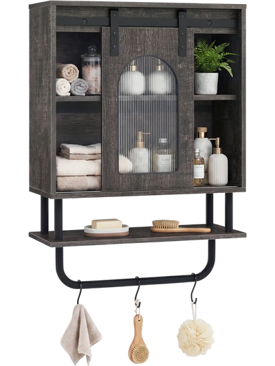 Costway Bathroom Wall Cabinet Sliding Barn Door Metal Hanging Bar 3 Hooks 47329014 New