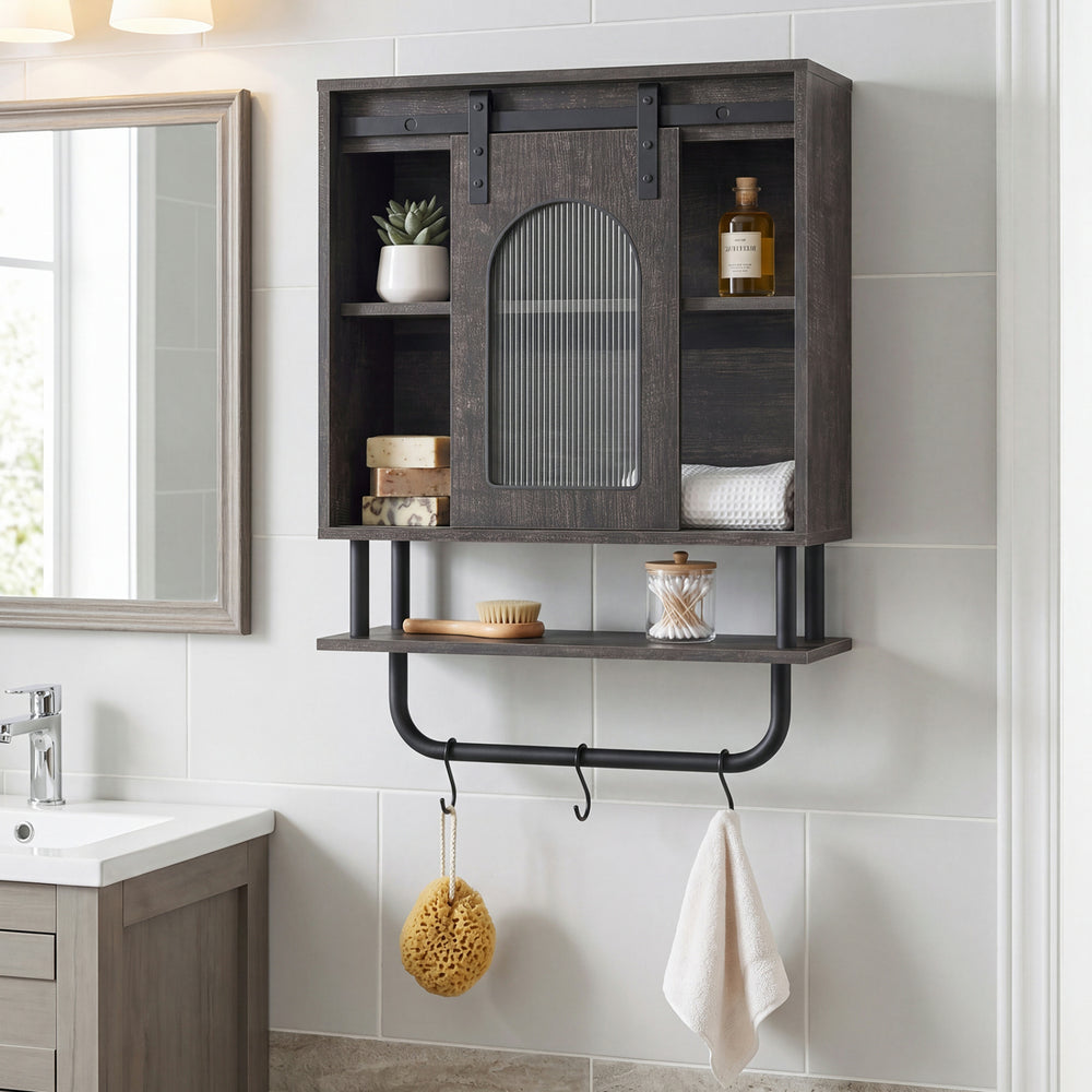 Bathroom wall cabinet with sliding barn door, 3-tier storage, and metal hanging bar with hooks for organized space.