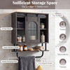 Bathroom wall cabinet with sliding barn door, black wood finish, 2-tier shelves, and metal hanging bar with 3 hooks.