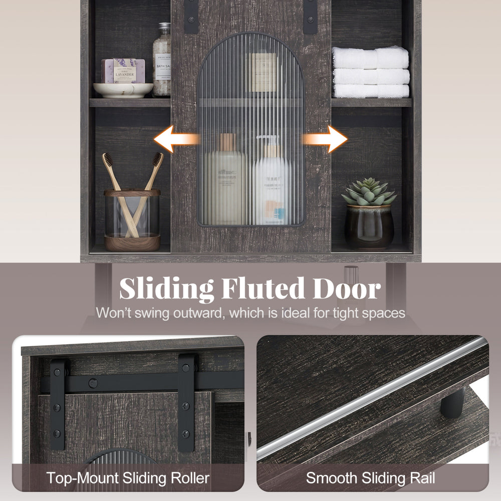 Bathroom wall cabinet featuring a sliding barn door, 3 hooks, and a wood grain finish for stylish storage in tight.