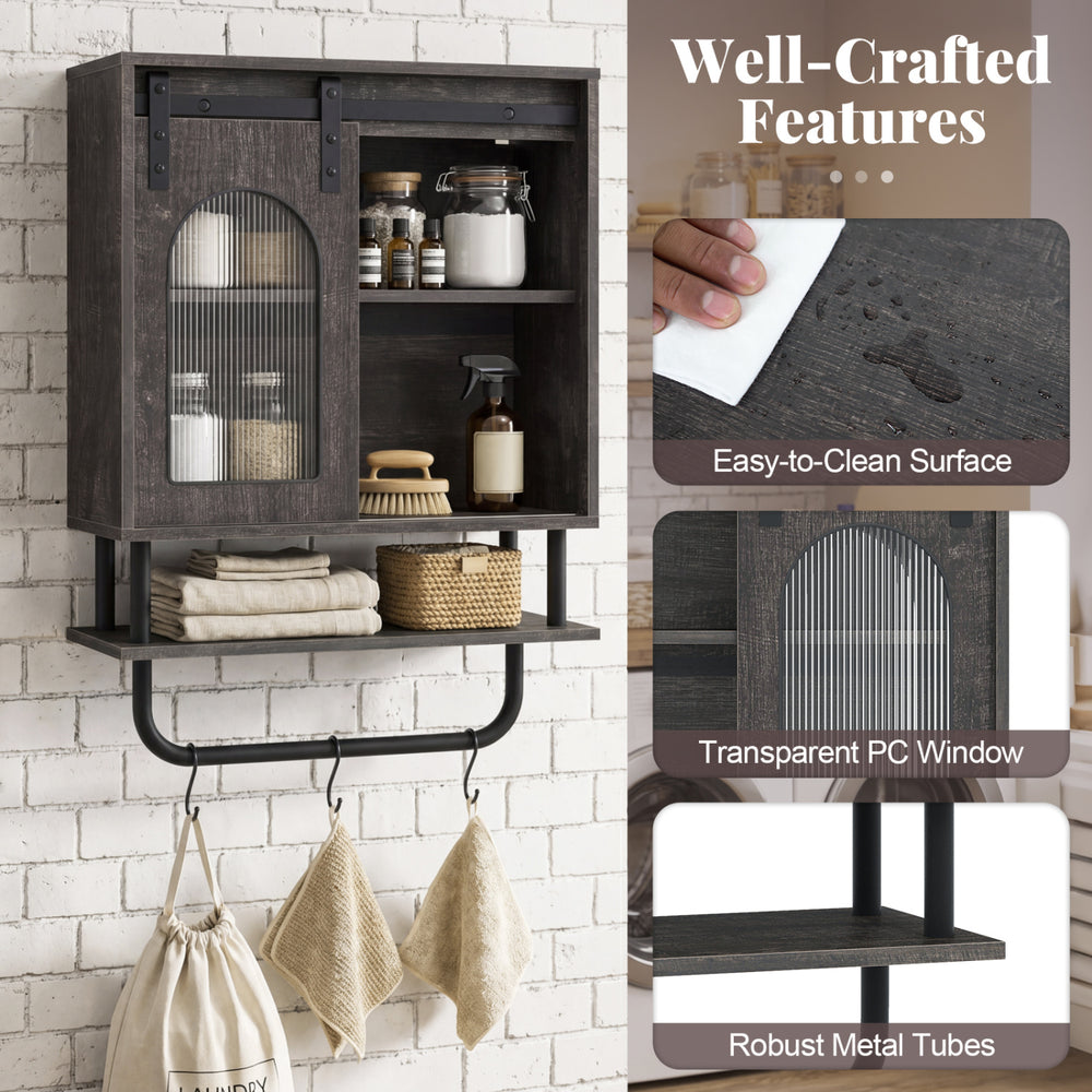 Bathroom wall cabinet with sliding barn door, metal hanging bar, and 3 hooks for organized storage in black finish.