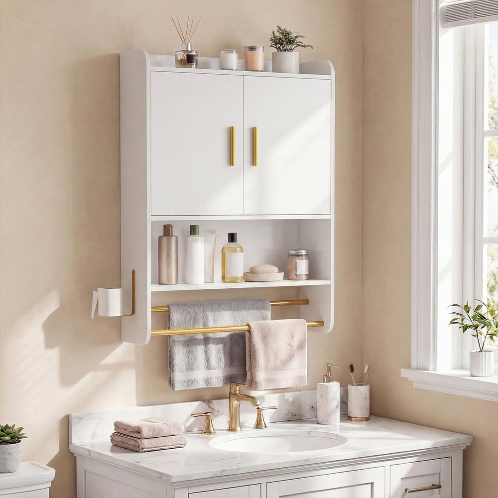 Bathroom Wall Cabinet Wall Mounted Medicine Cabinet with Towel Bars-White - Gallery View 1 of 11