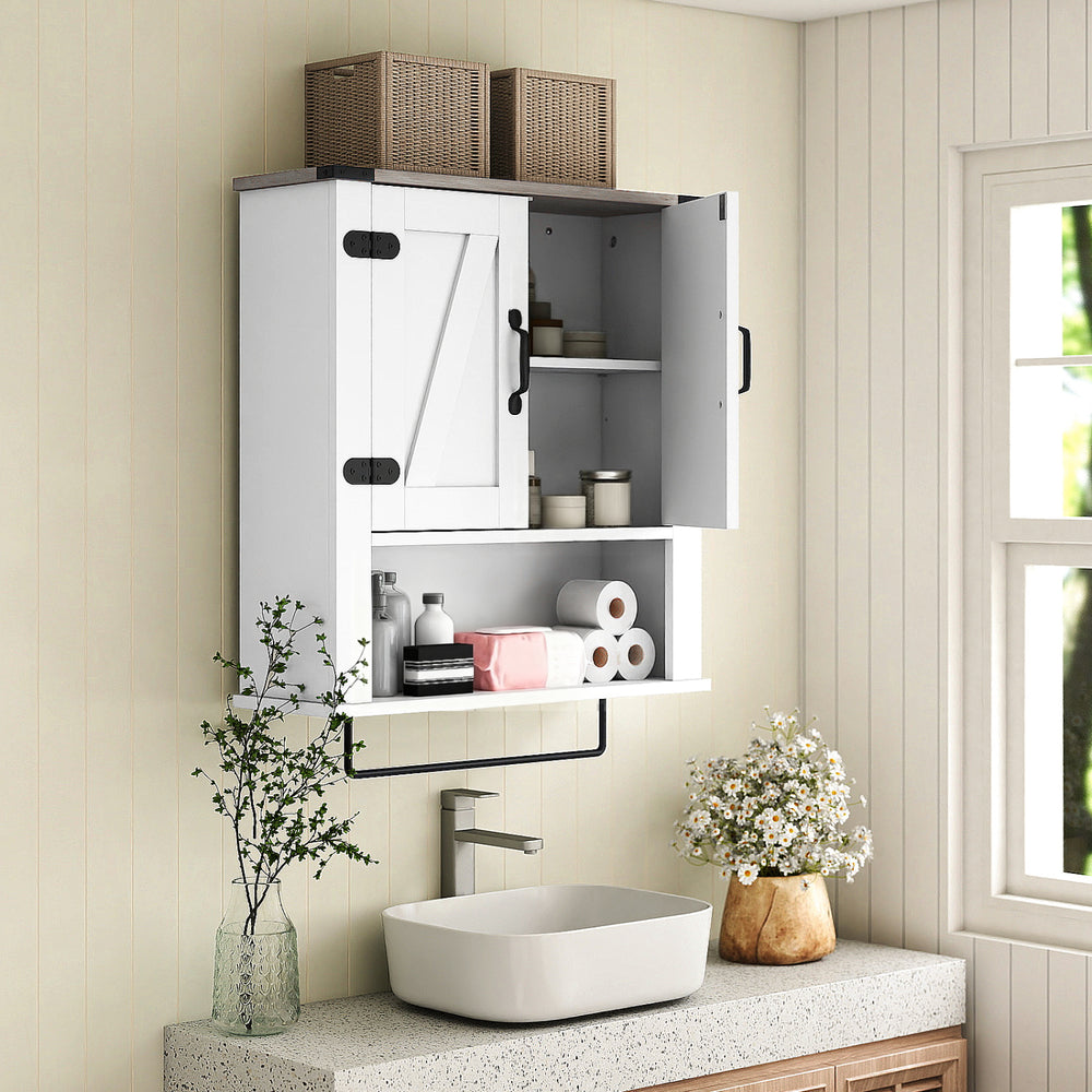 Bathroom wall cabinet with towel bar, white farmhouse design, adjustable shelves, and open storage for organized.