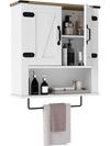 Bathroom wall cabinet in white with barn door design, adjustable shelf, and towel bar for versatile storage solutions.
