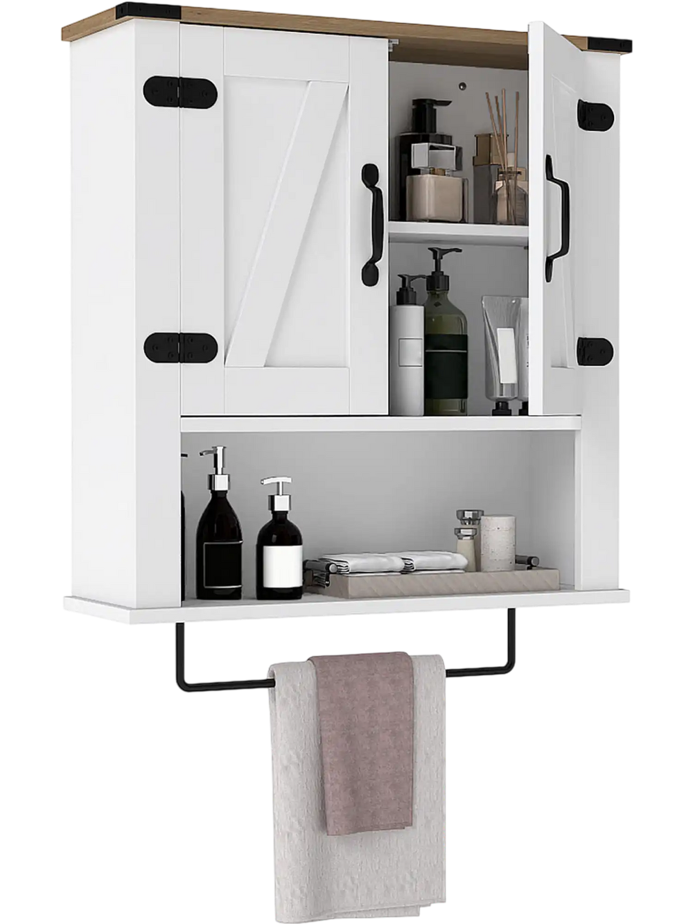 Bathroom wall cabinet in white with barn door design, adjustable shelf, and towel bar for versatile storage solutions.