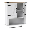 Farmhouse-style bathroom wall cabinet in white with barn doors, adjustable shelf, and towel bar for versatile storage.
