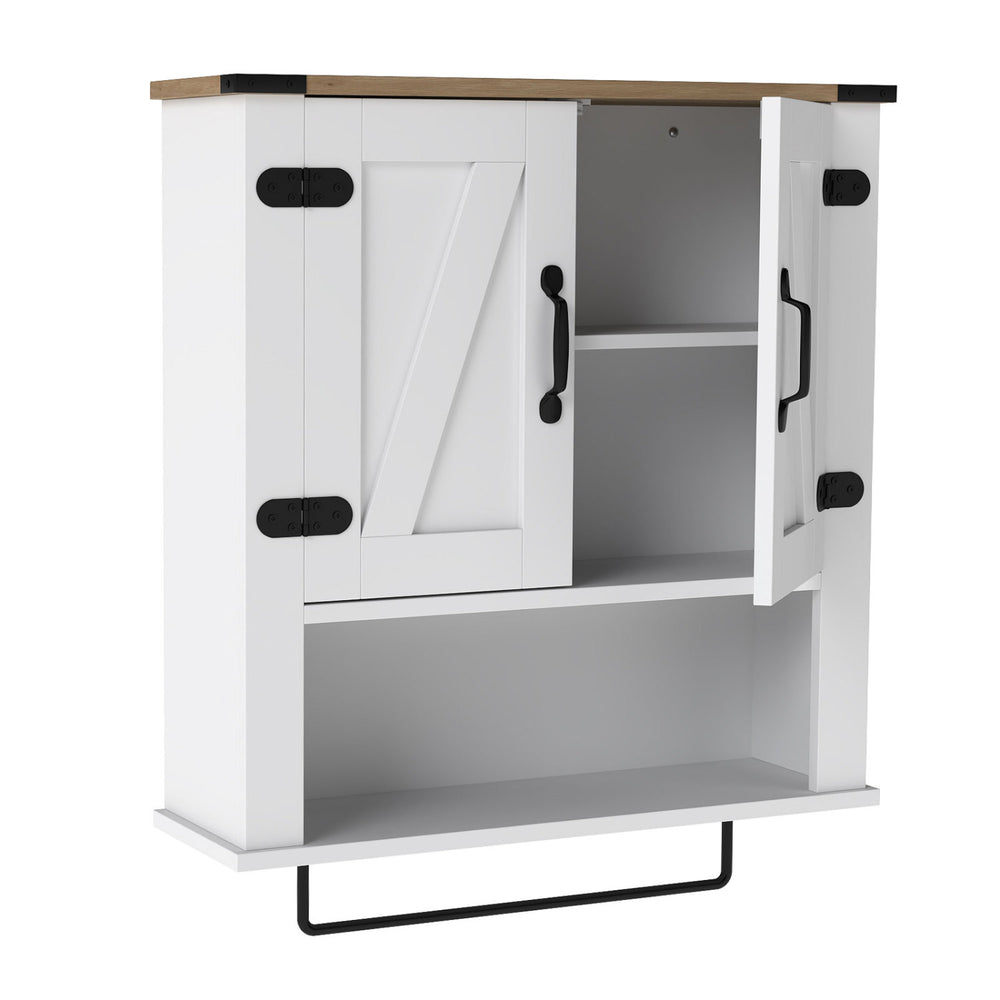 Farmhouse-style bathroom wall cabinet in white with barn doors, adjustable shelf, and towel bar for versatile storage.