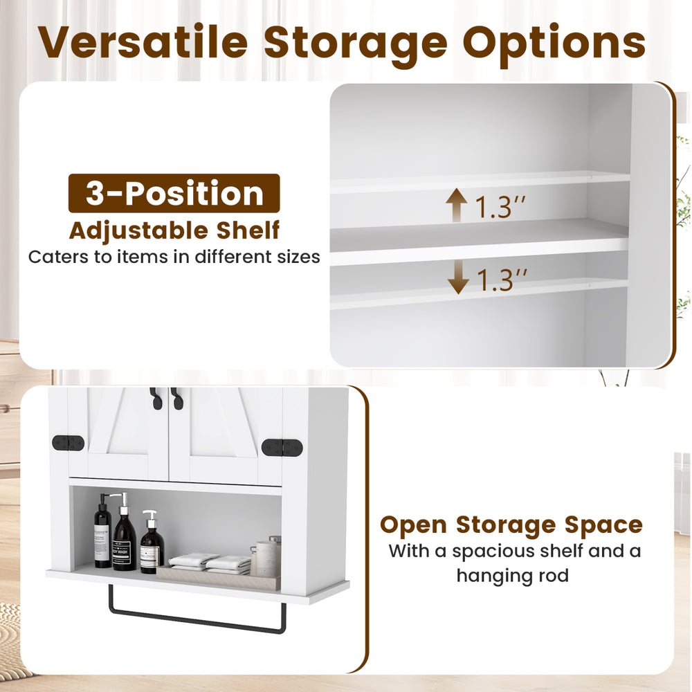 Bathroom wall cabinet with adjustable shelf and open storage space, featuring a farmhouse design and towel bar.