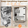 Bathroom wall cabinet in white with towel bar, featuring adjustable shelves and rustic barn door design for organized.