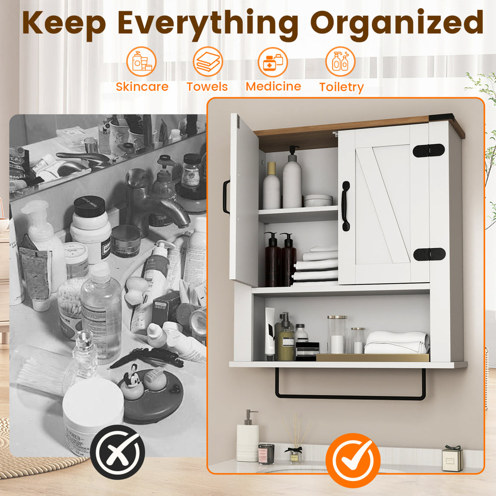 Bathroom wall cabinet in white with towel bar, featuring adjustable shelves and rustic barn door design for organized.