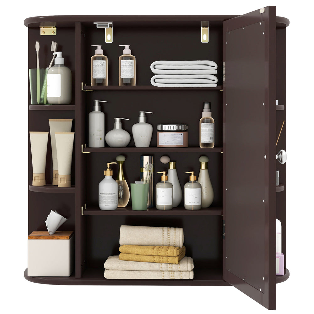 Bathroom wall cabinet with mirror features 4 enclosed shelves and 6 open shelves for versatile storage and easy access.