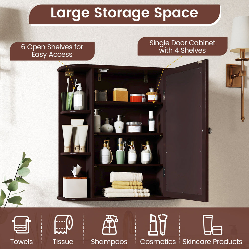 Bathroom wall cabinet with mirror featuring 6 open shelves and 4 enclosed shelves for versatile storage and easy access.