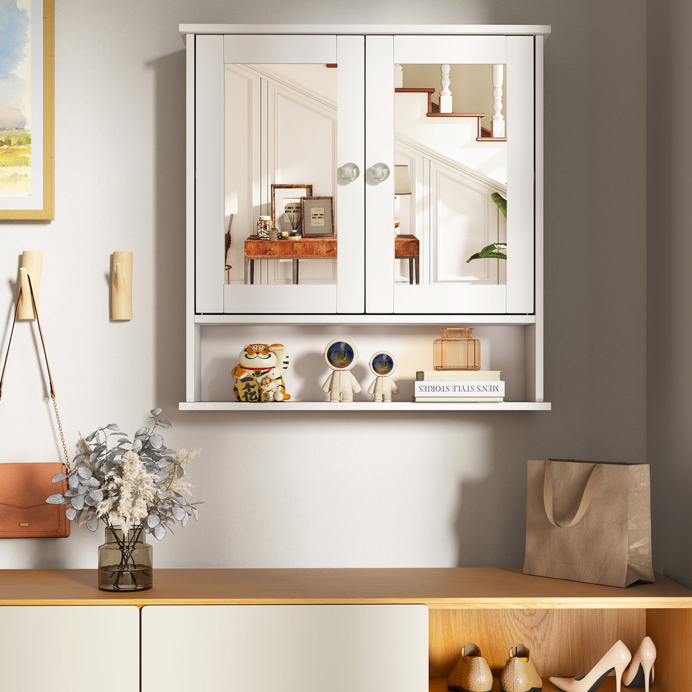 White bathroom wall mount mirror cabinet organizer with adjustable shelf and magnetic doors for efficient storage.