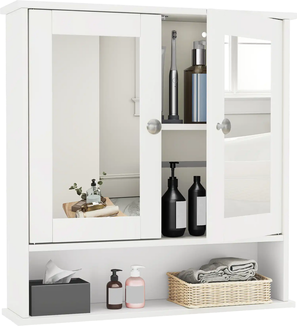 White bathroom wall mount mirror cabinet organizer with adjustable shelves and magnetic doors for efficient storage.