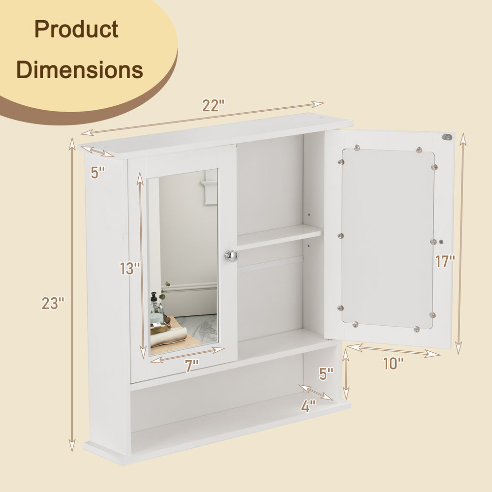 Bathroom wall mount mirror cabinet organizer in white with adjustable shelf and magnetic doors for efficient storage.