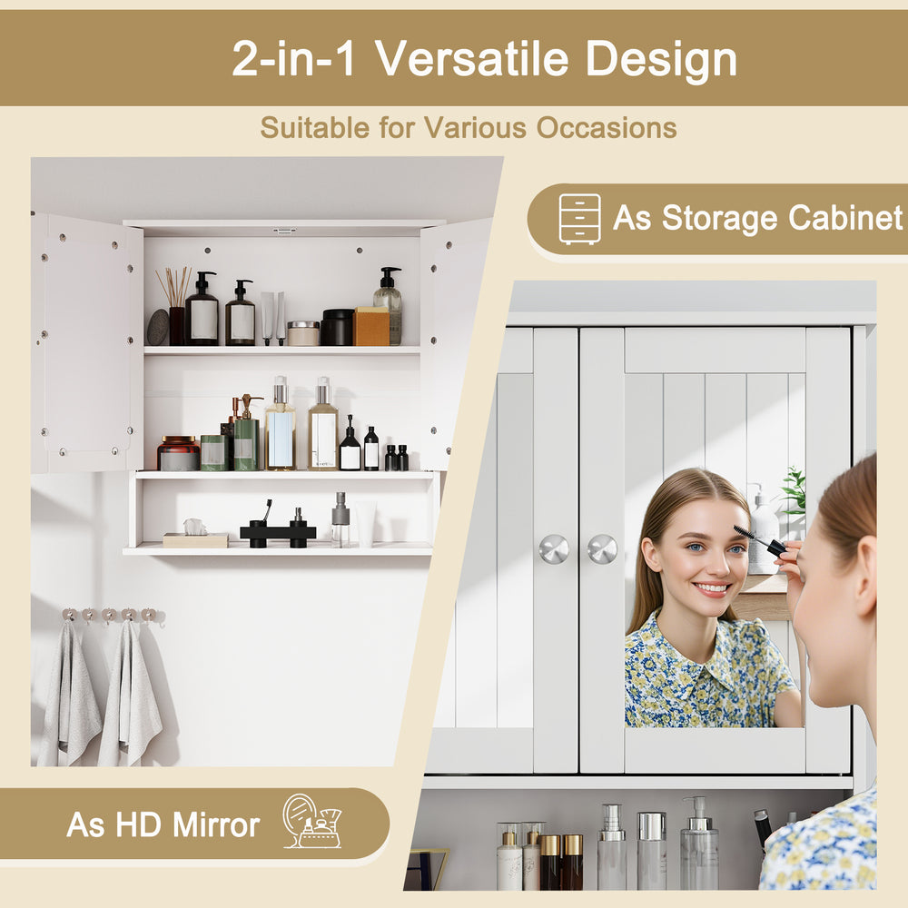 Bathroom wall mount mirror cabinet organizer in white with adjustable shelves and magnetic doors for stylish storage.