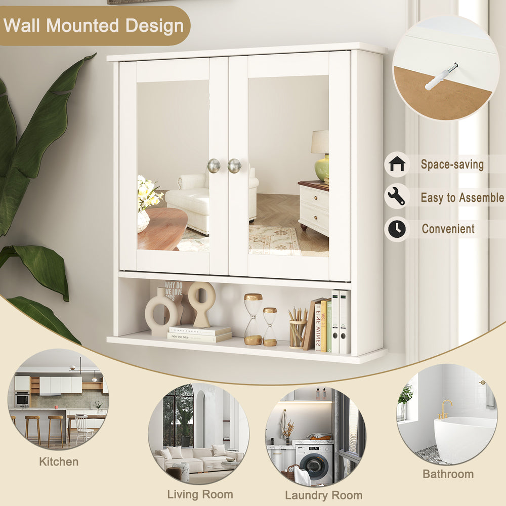Wall-mounted white bathroom cabinet with mirrors, adjustable shelf, and open storage for efficient organization.
