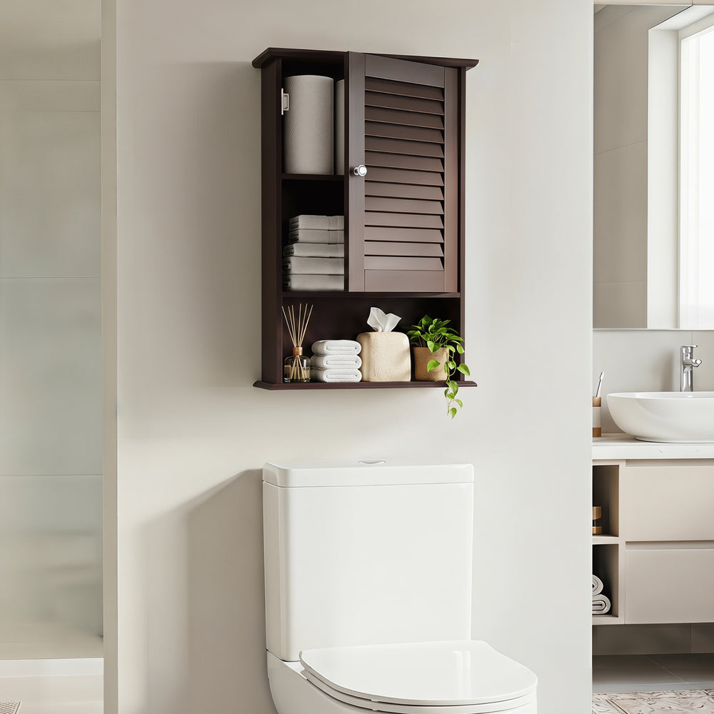 Bathroom Wall Mount Storage Cabinet Single Door with Height Adjustable Shelf-Rustic Brown - Gallery View 1 of 9